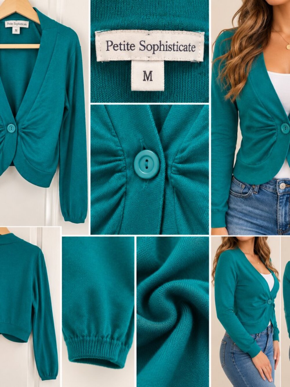 PETITE SOPHISTICATE TEAL CROPPED CARDIGAN SIZE M